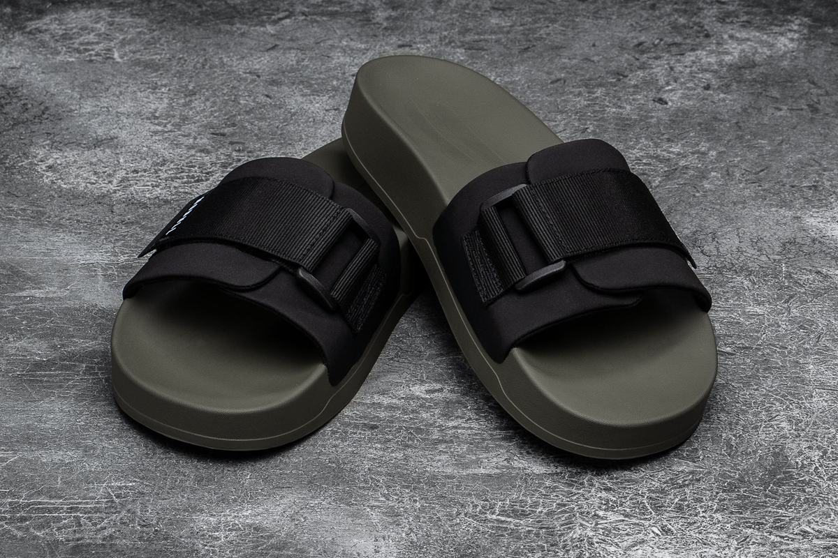 Nobull Adjustable Men's Slides Black Dark Green | Australia (TJ8295)